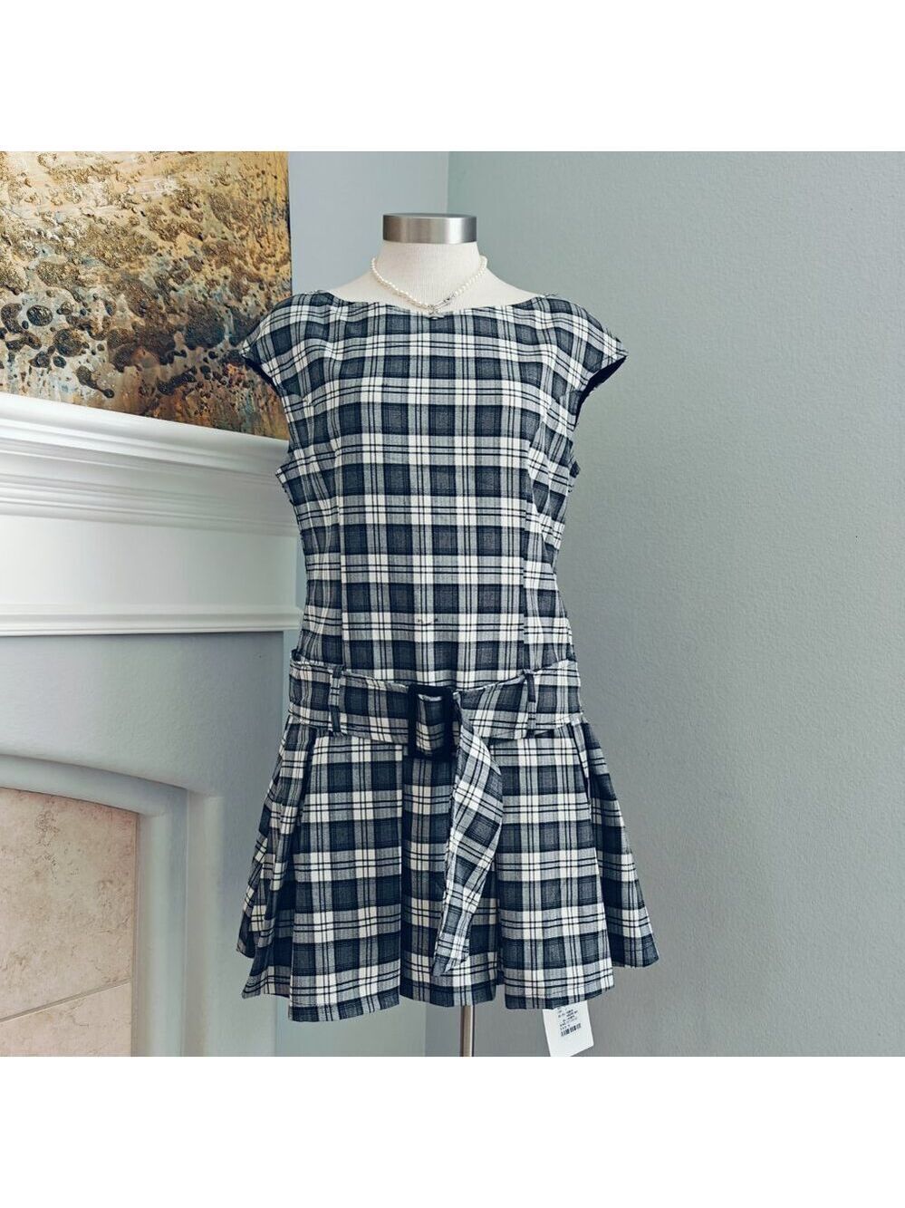 Vintage-Inspired Plaid Dress with Belt – 2 Piece Set